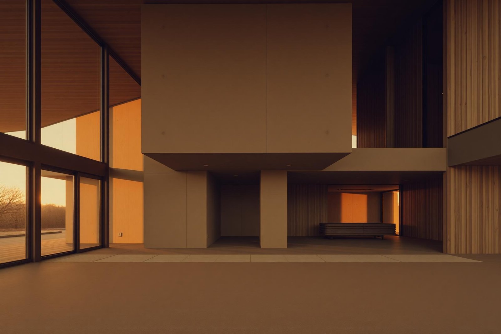 Interior de residência autoral com concreto e madeira ao entardecer